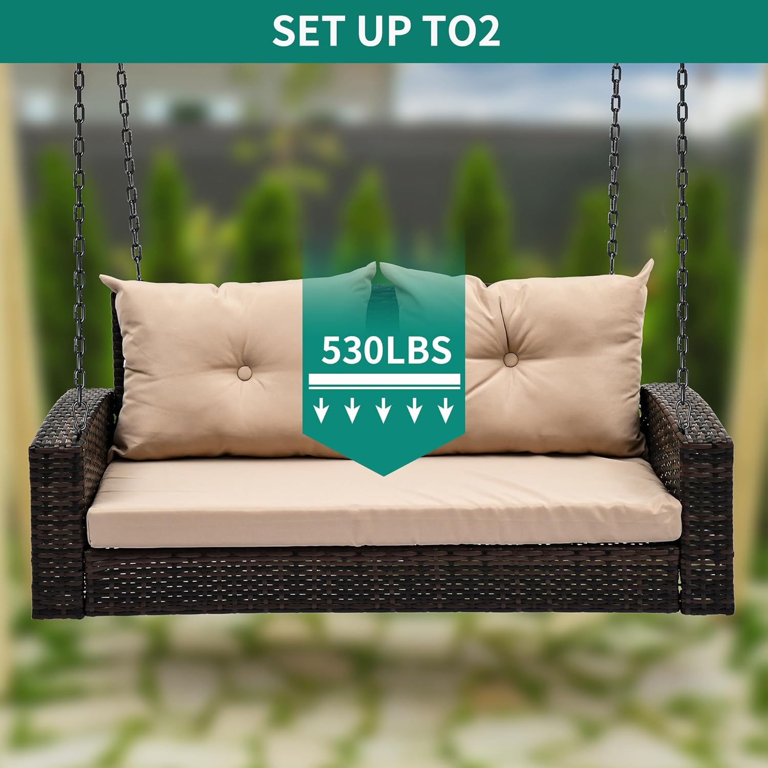 YITAHOME Hanging Porch Swing Chair Sits 3 People, Wicker Outdoor Swing Bench, Patio Lounge Chair, 1 Seating Cushion and 3 Back Cushions, w/Removable Covers, for Garden, Balcony, Backyard, Brown wourant