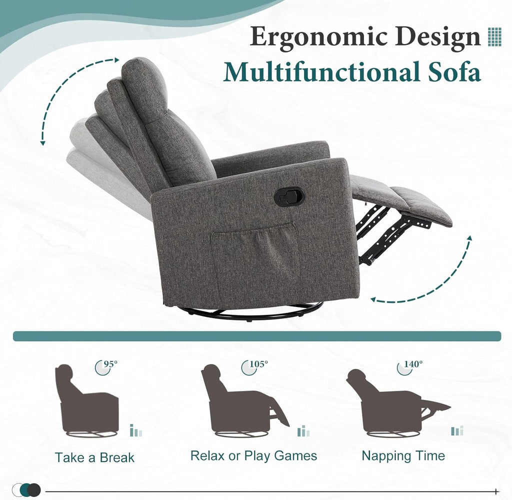 DUMOS Recliner Chair for Adults, Massage Reclining Chair for Living Room, Adjustable Home Theater Seating Single Sofa with Padded Seat Backrest and Footrest, Linen, Grey wourant