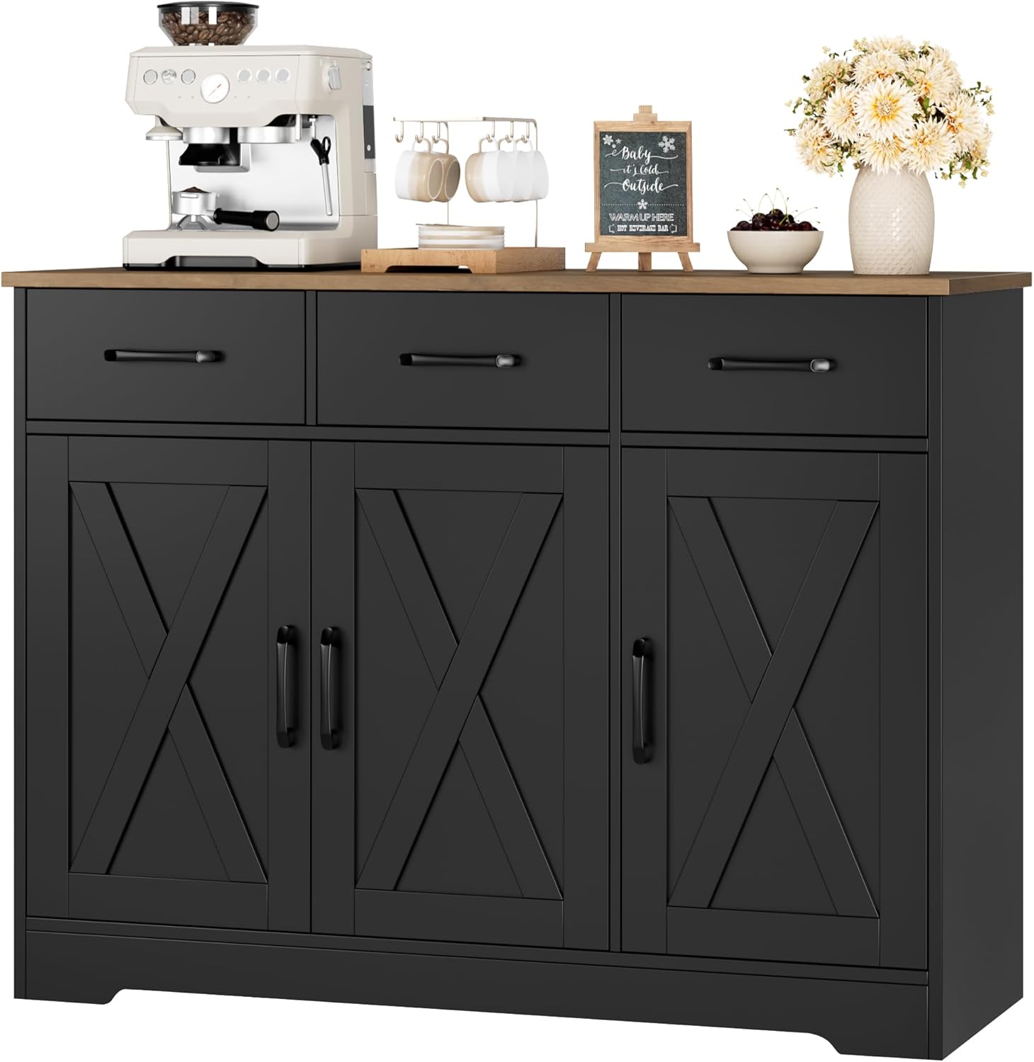 Modern farmhouse sideboard, barn door buffet storage cabinet with drawers and shelves, wooden coffee bar with storage wourant