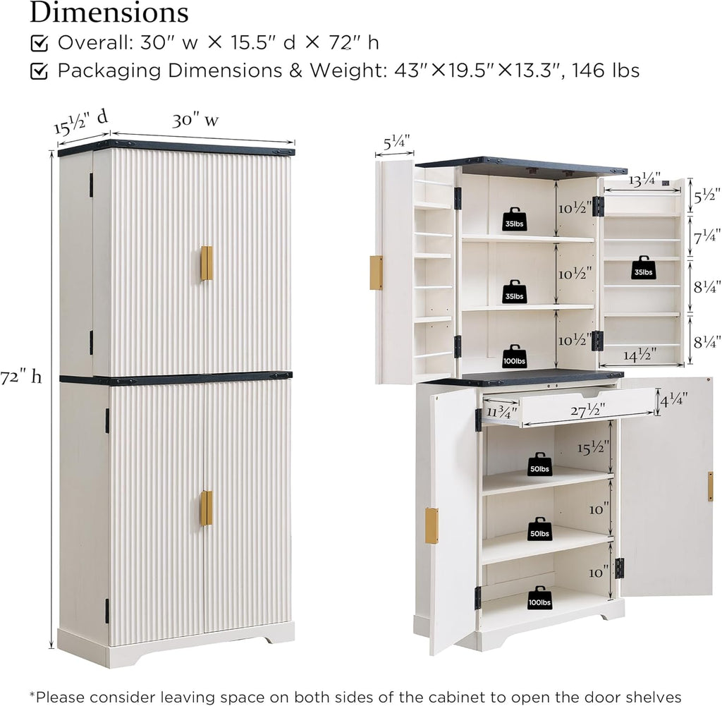 Fluted Pantry Cabinet, 72" Tall Modern Storage Cabinet with 4 Doors, Organizer, Drawer and Adjustable Shelves, Wood Cupboard wourant