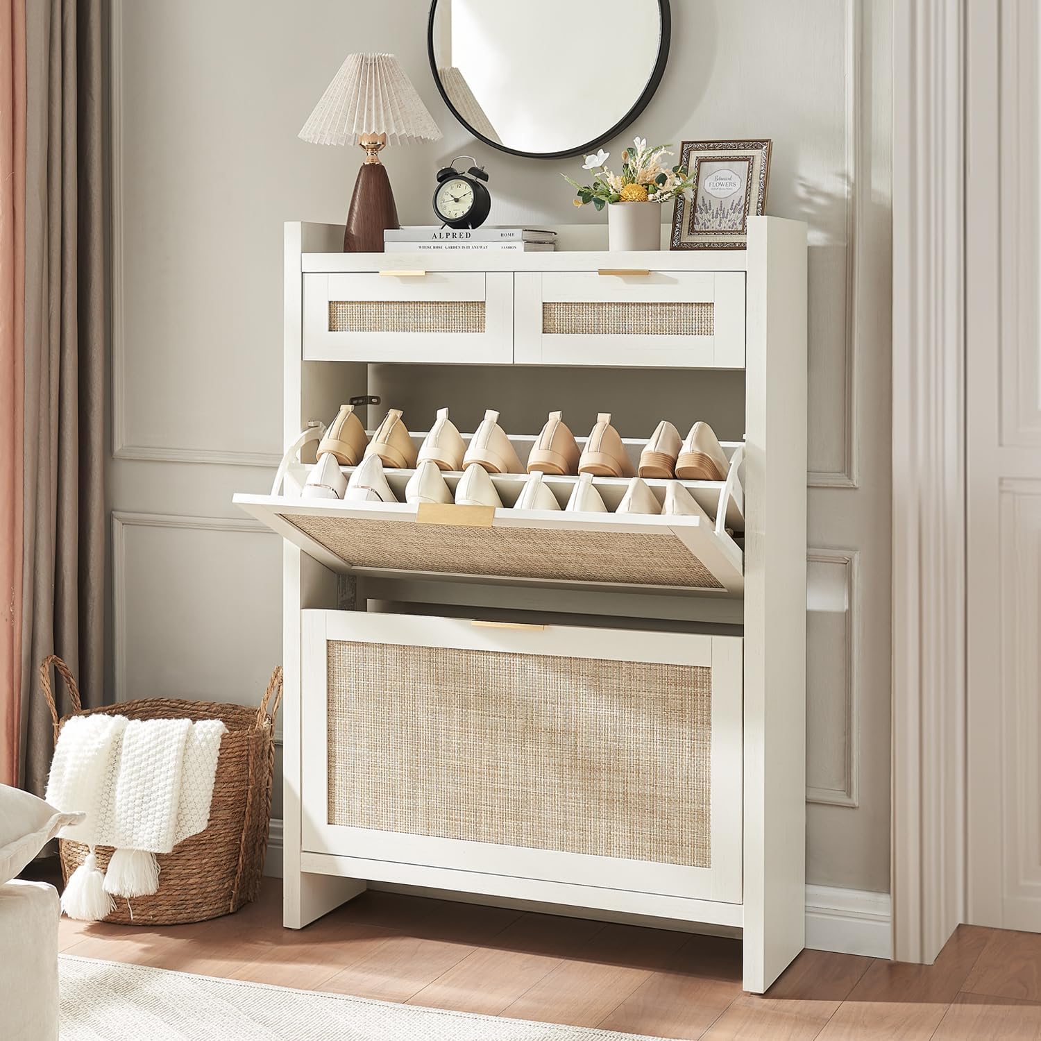 Large Rattan Shoe Storage Cabinet with 4 Flip Drawers & 2 Storages–Hidden Slim Shoe Organizer wourant