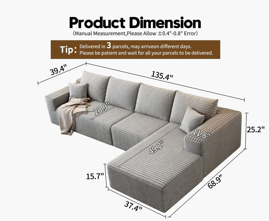 107.5" Cloud Modular Sectional Sofa Couch with L-Shape Chaise,Modern Minimalist Upholstered Couches wourant
