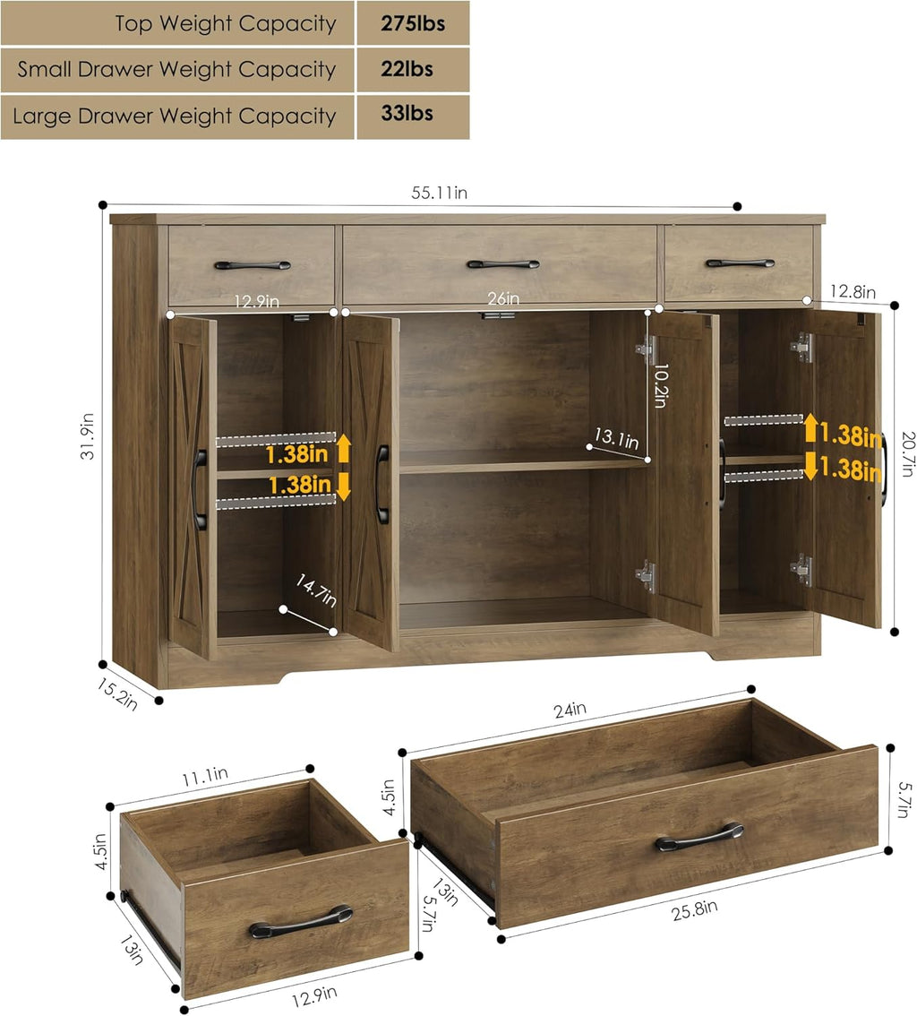 HOSTACK Buffet Cabinet with Drawers, 55" Large Sideboard Buffet Storage Cabinet with Shelves and Doors, Modern Farmhouse Coffee Bar Station Wood Kitchen Table for Kitchen, Dining Room, White/Rustic wourant