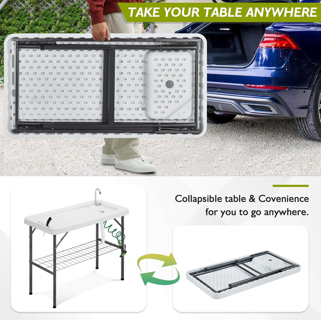 Folding Fish Cleaning Table Portable Camping Sink Table with Faucet Drain Hose and Sprayer Outdoor Fish Fillet Cleaning Station wourant