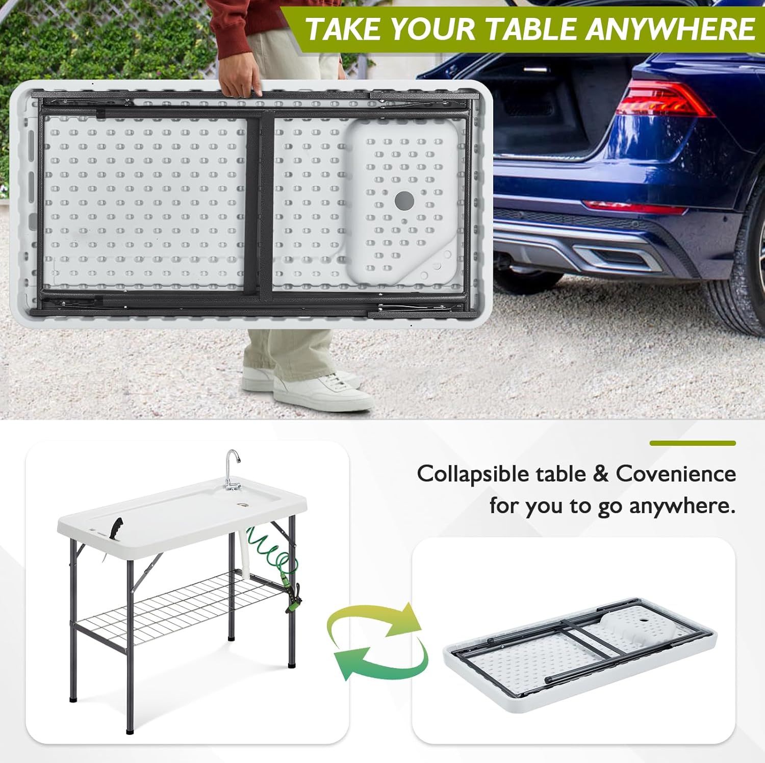 Folding Fish Cleaning Table Portable Camping Sink Table with Faucet Drain Hose and Sprayer Outdoor Fish Fillet Cleaning Station wourant