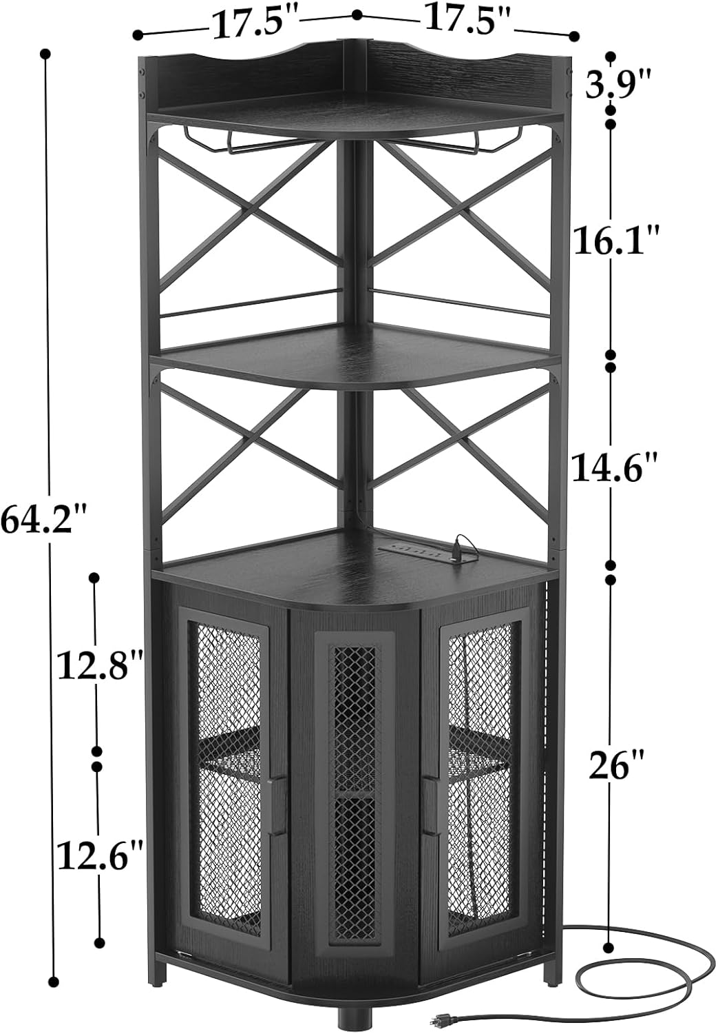 Aheaplus Corner Bar Cabinet with Power Outlet, Industrial Wine Cabinet with LED Strip and Glass Holder, 5-Tiers Liquor Cabinet Bar Unit for Home, Corner Display Cabinet for Small Space, White Oak wourant