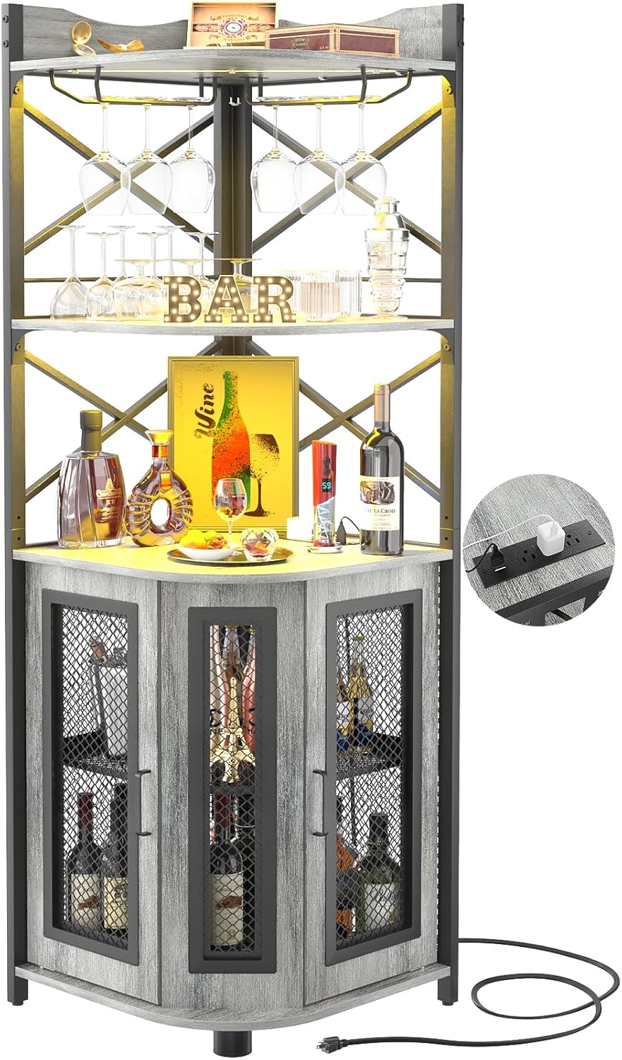 Corner bar cabinet with power socket, industrial style wine cabinet with LED light strip and glass rack, home five-layer wine cabinet bar unit, small space corner display cabinet wourant