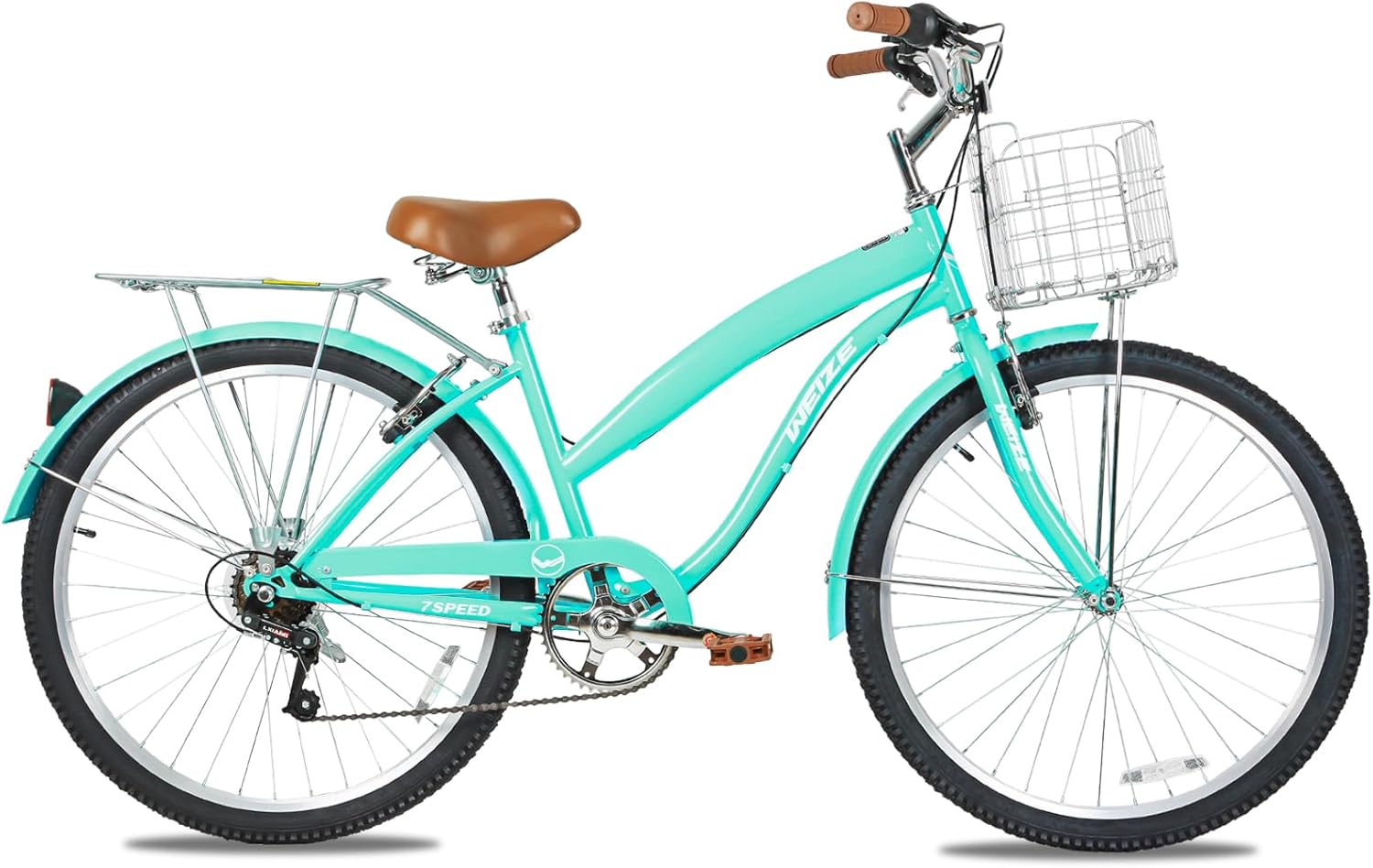 WEIZE Beach Cruiser Bike, 26 inch Commuter Bicycle for Adult Men and Women, 7-Speed/High-Carbon Steel/Front & Rear Fenders, Comfortable City Bikes with Rear Rack or Basket, Ergonomic Upright Design wourant