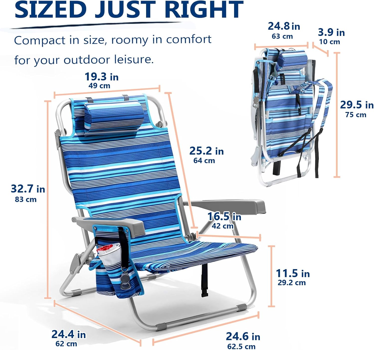 5-Position Aluminum Lay Flat Tall Backpack Beach Chairs 2 Pack Compact Portable Beach Chairs for Adults with Cooler Pouch, Storage Pouch, Towel Bar, Cup Holder & Phone Holder, Blue Stripe wourant