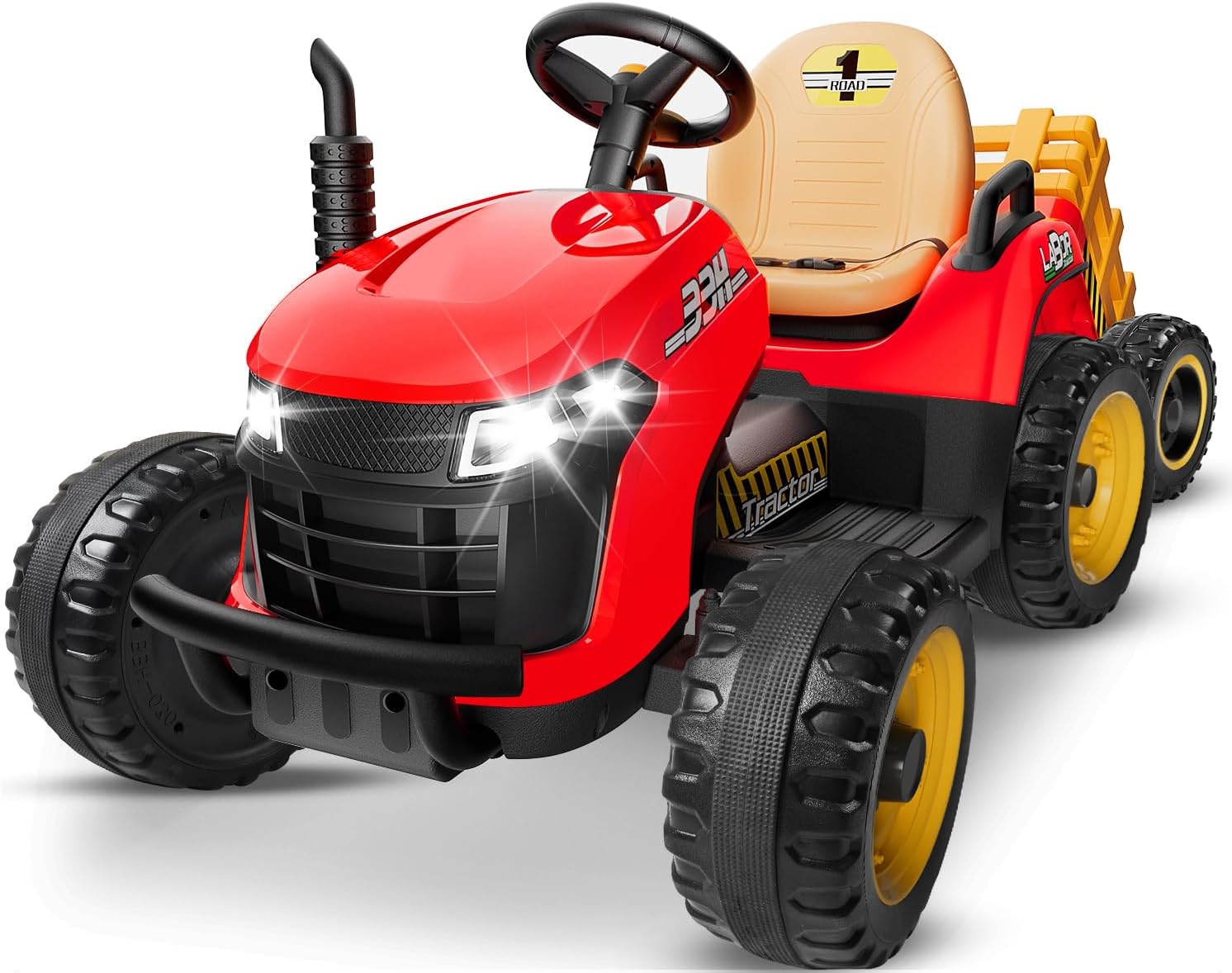 24V Ride On Tractor w/Tiltable & Detachable Trailer, 2x65W Motors, EVA Tires, Remote Control, Bluetooth, Shifter, Music, Electric Car for Kids, Green wourant
