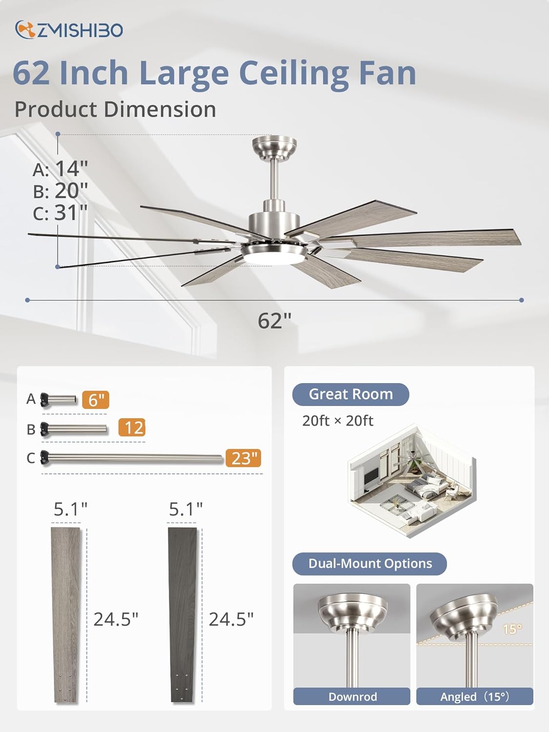 ZMISHIBO 72 inch Large Ceiling Fans with Lights and Remote, Indoor/Outdoor Black Modern Ceiling Fan for Kitchen Living Room Patio, 6 Speed Reversible Quiet DC Motor, 3 CCT, Dual Finish 8 Blades wourant