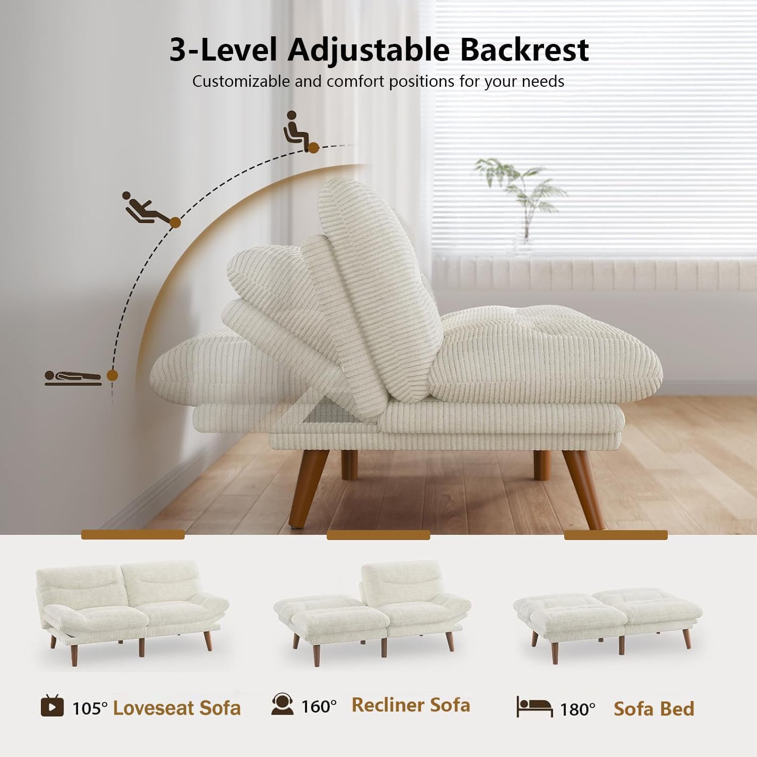 Pipishell Convertible Futon Sofa Bed,66" Corduroy Futon Couch with Adjustable Backrest and Armrests, Recliner Sleeper Sofa for Small Spaces, Play Room or Office, Grey wourant