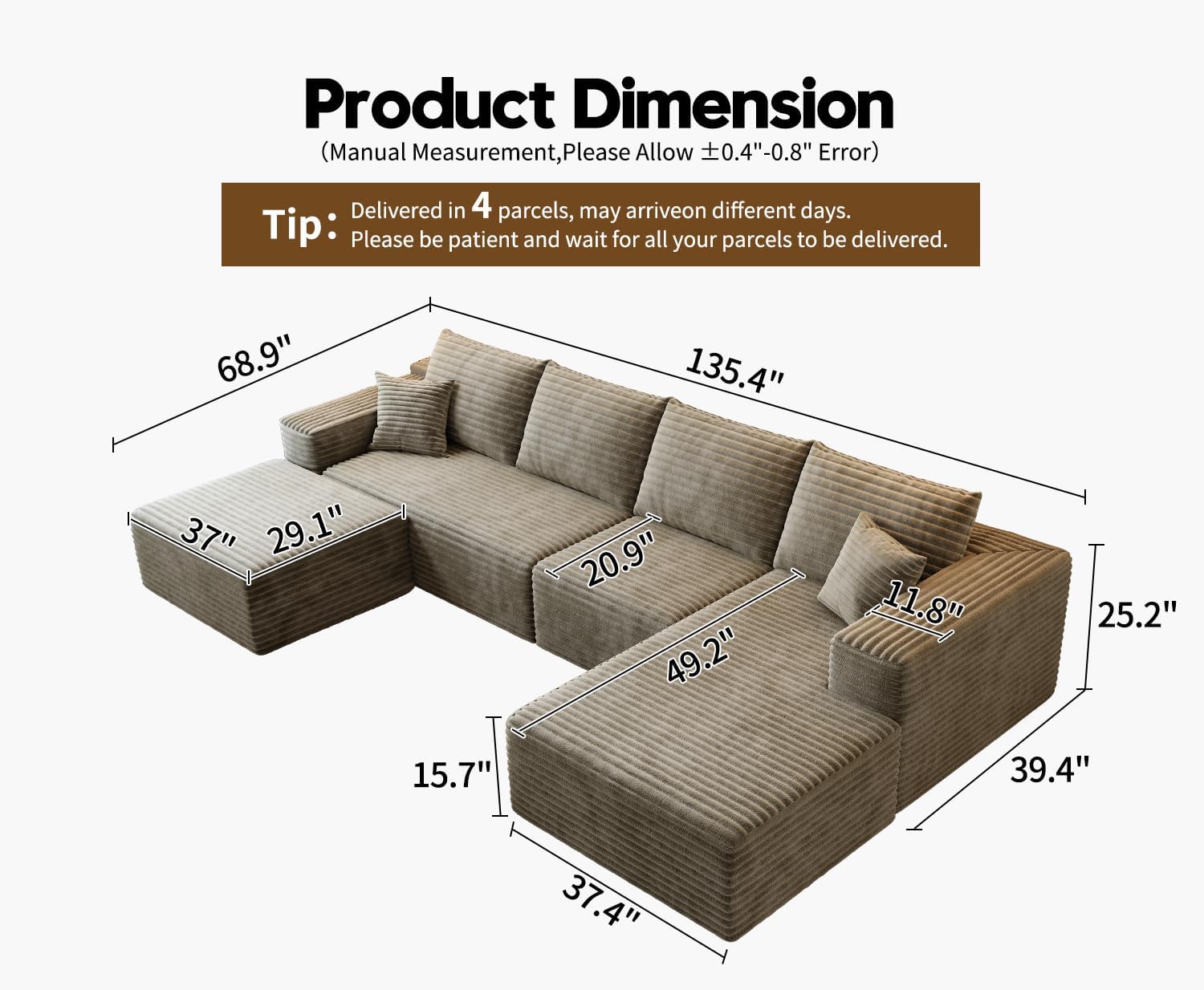 107.5" Cloud Modular Sectional Sofa Couch with L-Shape Chaise,Modern Minimalist Upholstered Couches wourant