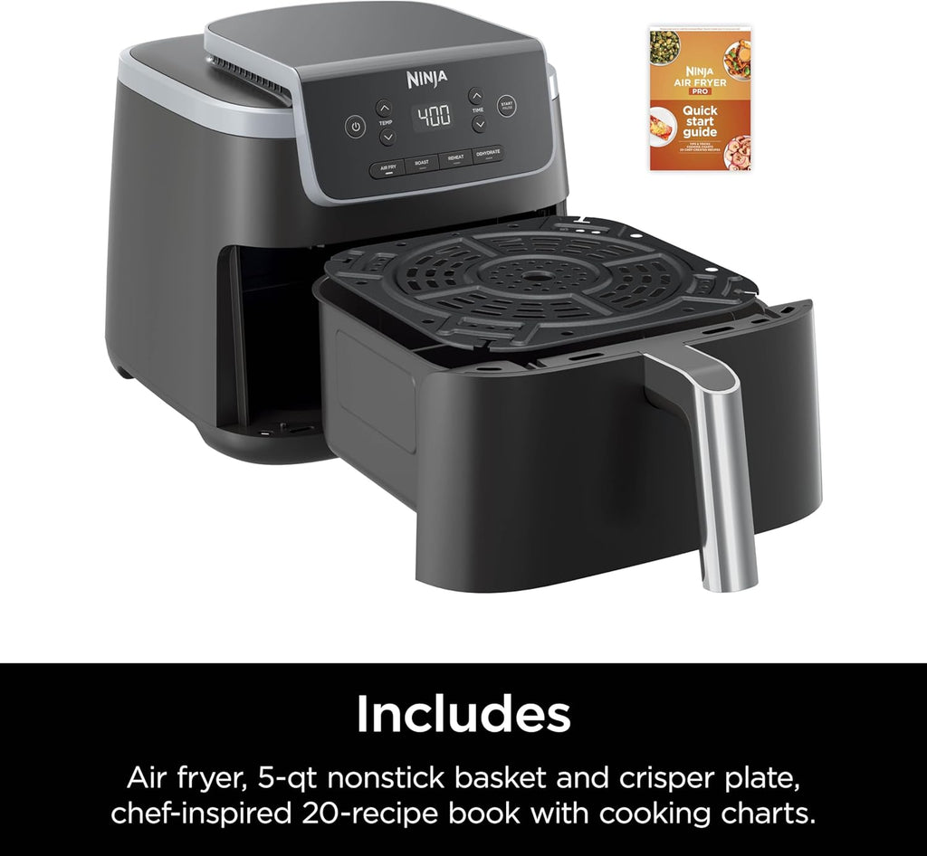 Ninja Air Fryer Pro 4-in-1 with 5 QT Capacity, Air Fry, Roast, Reheat, Dehydrate, Air Crisp Technology with 400F for hot, 120 Volts, Nonstick Basket & Crisper Plate, Grey, AF141 wourant
