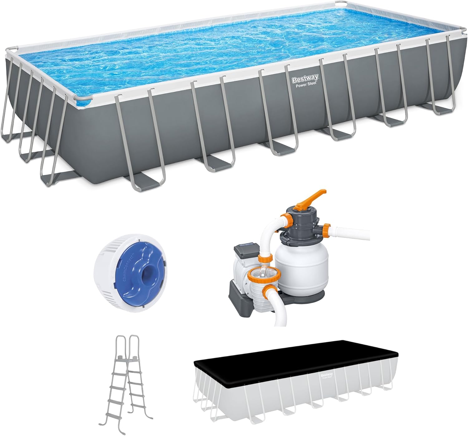 Power Steel 14' x 8'2" x 39.5" Oval Above Ground Pool Set | Includes 530gal Filter Pump, Ladder, ChemConnect Dispener wourant