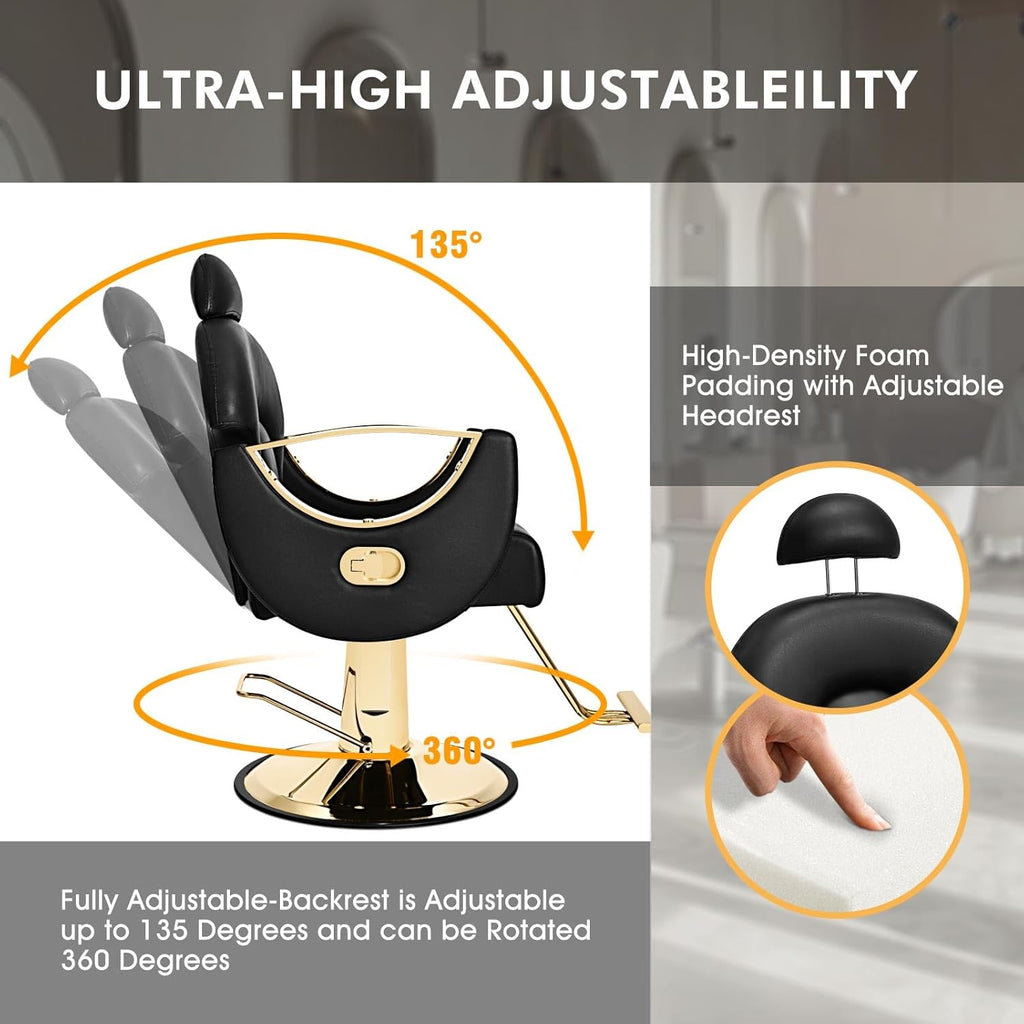 Artist Hand Salon Chair Reclining Barber Chair Oversized Hydraulic Pump Heavy Duty Hair Salon Chair 360 Degree Swivel Hair Chair for Hair Stylist, Beauty Spa Equipment Max Load 400 LBS, Black and Gold wourant