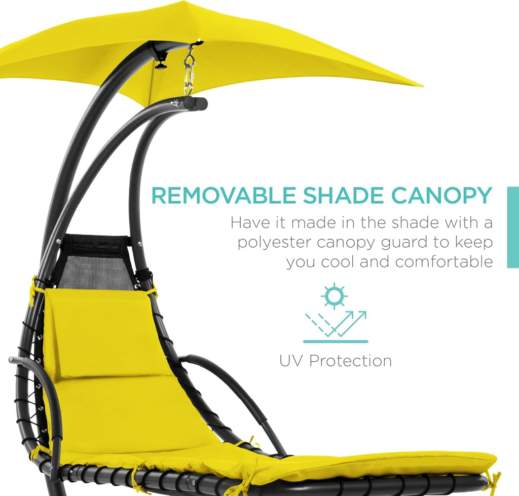 Best Choice Products Outdoor Hanging Curved Steel Chaise Lounge Chair Swing w/Built-in Pillow and Removable Canopy - Charcoal Gray wourant
