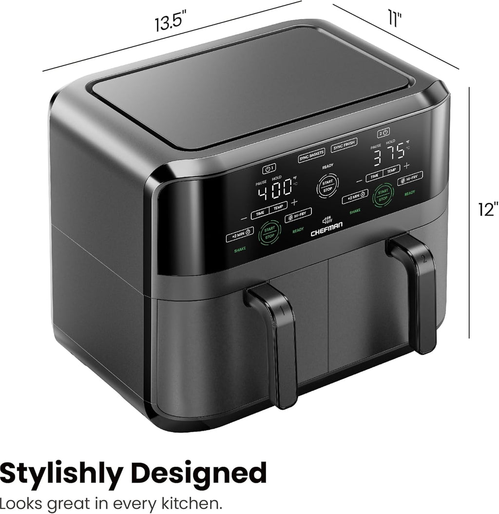 Chefman 6-Quart Dual Basket Air Fryer - Digital Touchscreen, Smart Sync Finish, High-Frying, Auto-Off, 2 Independent 3-Quart Nonstick Pans, Dishwasher-Safe Baskets wourant