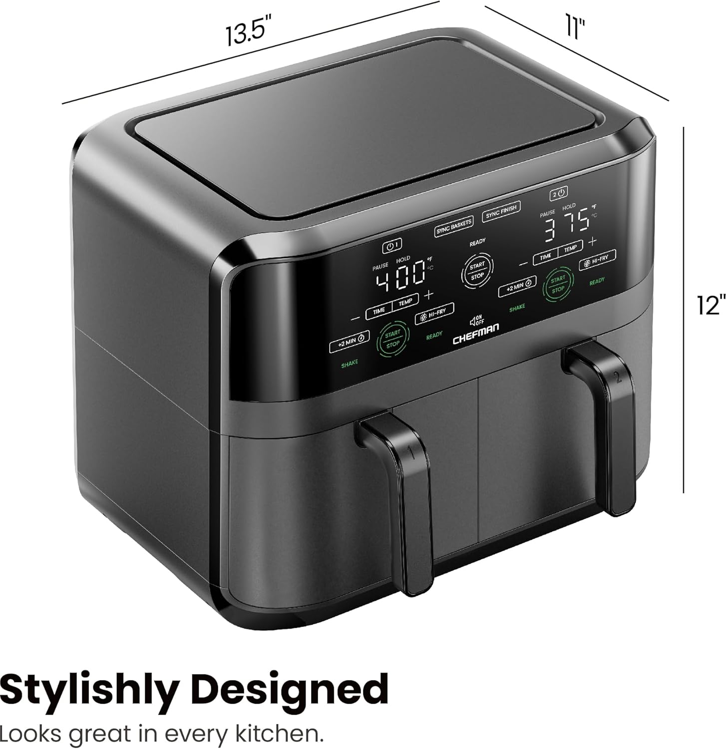 Chefman 6-Quart Dual Basket Air Fryer - Digital Touchscreen, Smart Sync Finish, High-Frying, Auto-Off, 2 Independent 3-Quart Nonstick Pans, Dishwasher-Safe Baskets wourant