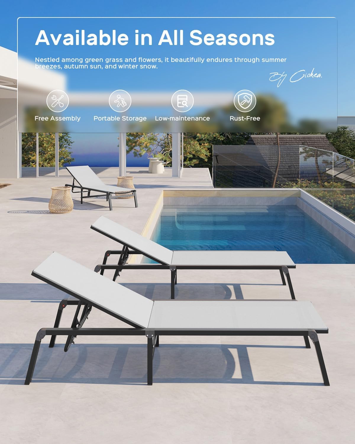 Aluminum Chaise Lounge Ourdoor - Foldable & Assemble Free Outdoor Lounge Chair with 5 Adjustable Backrest, Patio Lounge Chair for Outside Poolside Beach Pool, Black wourant