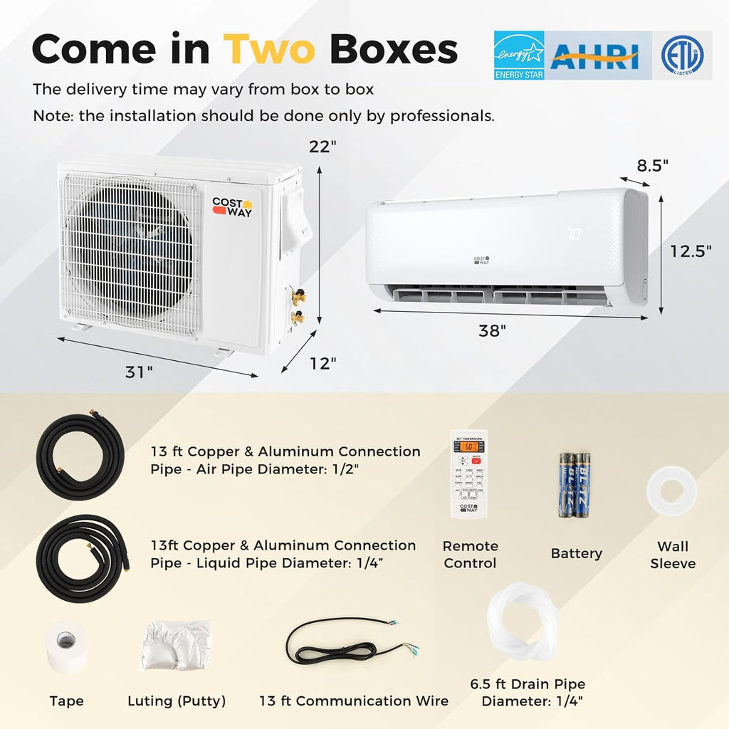 COSTWAY 12000BTU Mini Split Air Conditioner& Heater, 20 SEER2 115V Wall-Mounted Ductless AC Unit Cools Rooms up to 750 Sq. Ft, Energy Efficient Inverter AC with Heat Pump (Blast Series) wourant