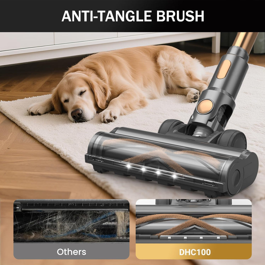 Cordless Vacuum Cleaner, 10-in-1 Lightweight Stick Vacuum with 45mins Runtime, Powerful Suction, LED Touch Screen, Rechargeable Vacuum Cleaners for Home Hardwood Floor Carpet Pet Hair (Gold) woonhhop