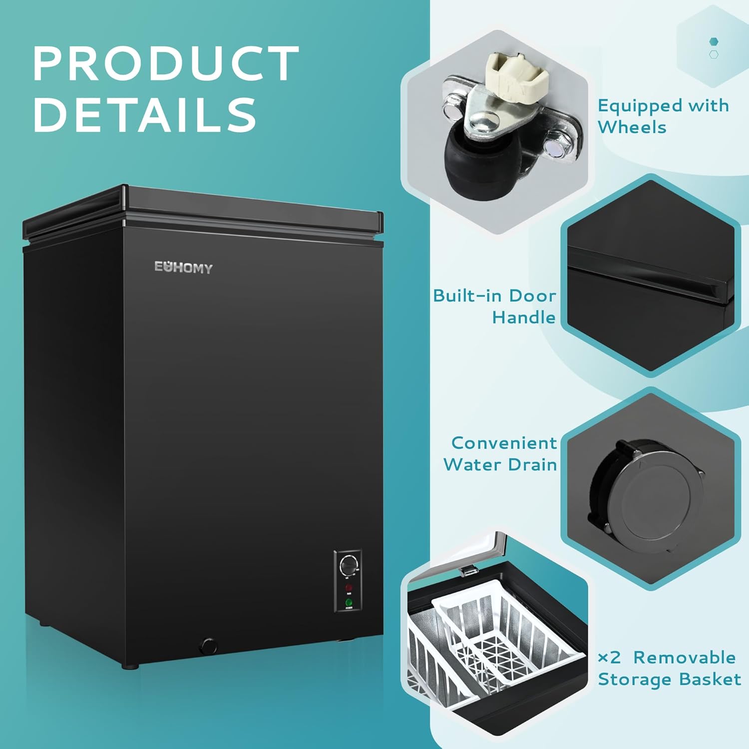 EUHOMY 3.5 Cu.Ft Chest Freezer with Wheels, Small Deep Freezer Adjustable 7 Thermostat wourant