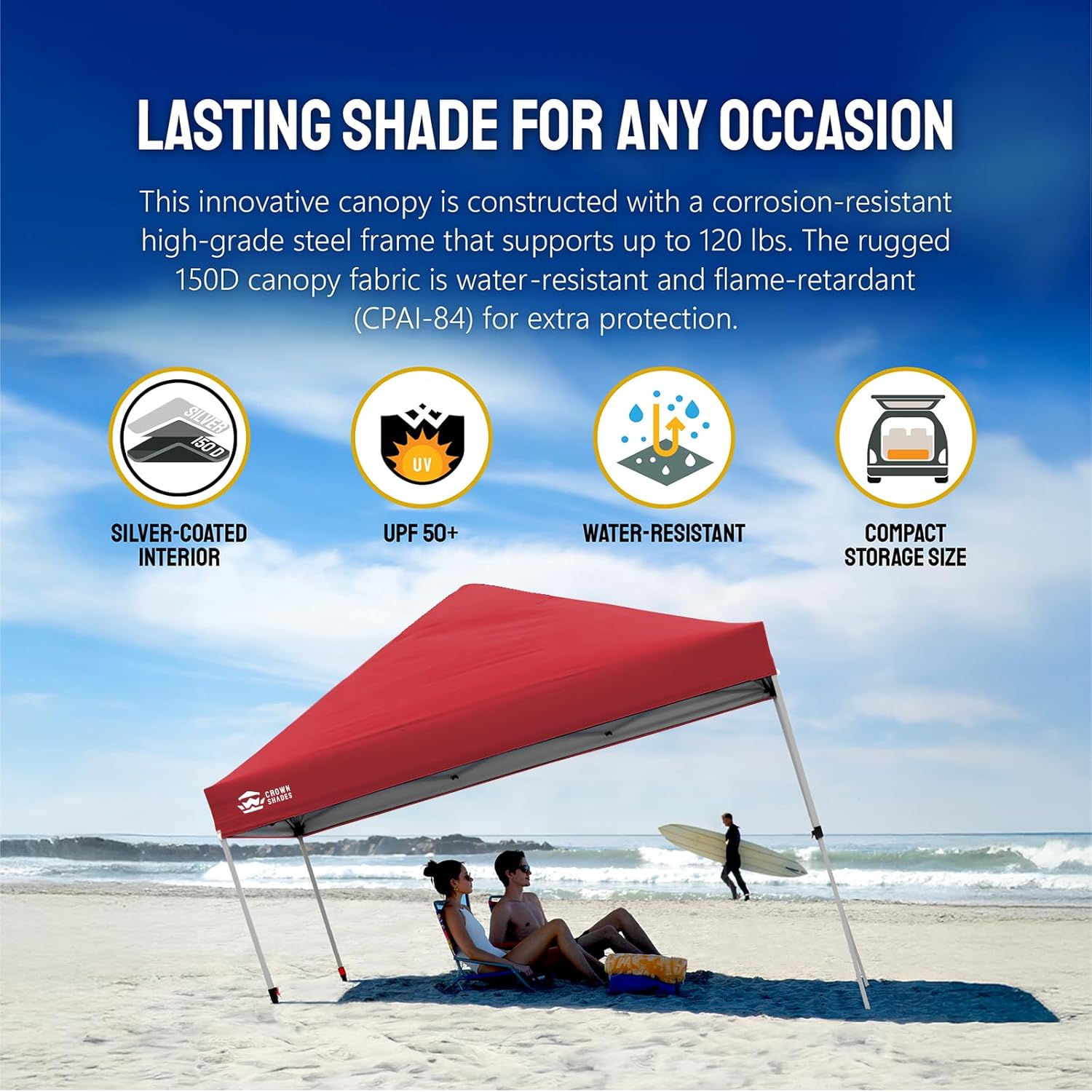 10x10 Pop-Up Awning - One-Click Installation Beach Tent - Outdoor Sunshade Silver Coated Top, 3 Heights and 4 Sand Pockets wourant