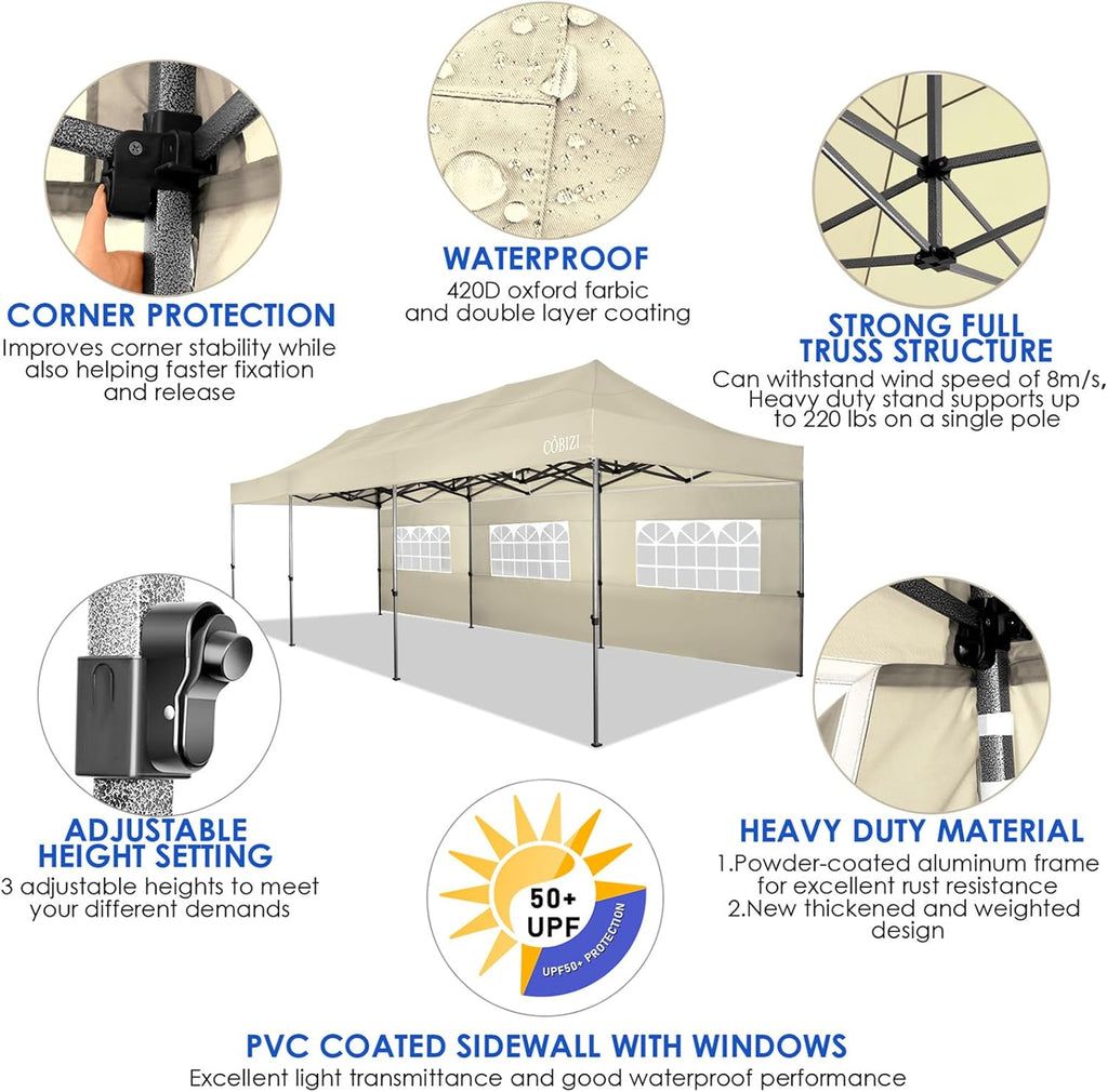 COBIZI 10x20 Heavy Duty Pop up Canopy Tent with 6 sidewalls Easy Up Commercial Outdoor Canopy Wedding Party Tents for Parties All Season Wind & Waterproof Gazebo with Roller Bag,Black(Frame Thickened) wourant