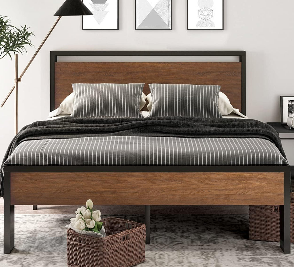 SHA CERLIN 14 Inch Full Size Metal Platform Bed Frame with Wooden Headboard and Footboard wourant