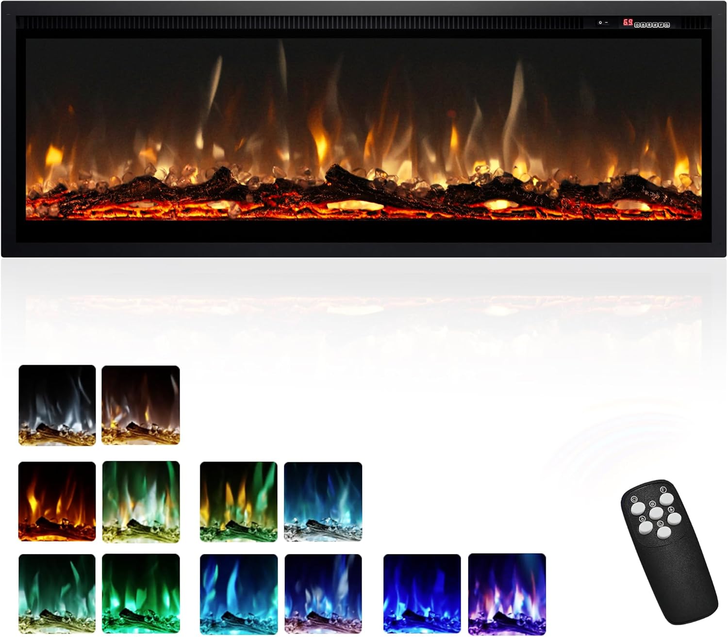 EUHOMY 50 Inch Electric Fireplace Wall Recessed and Wall Mounted with Adjustable Flame Color, Fireplace Heater with Remote Control, Linear Fireplace with Timer, Touch Screen, Log & Crystal, 750/1500W wourant