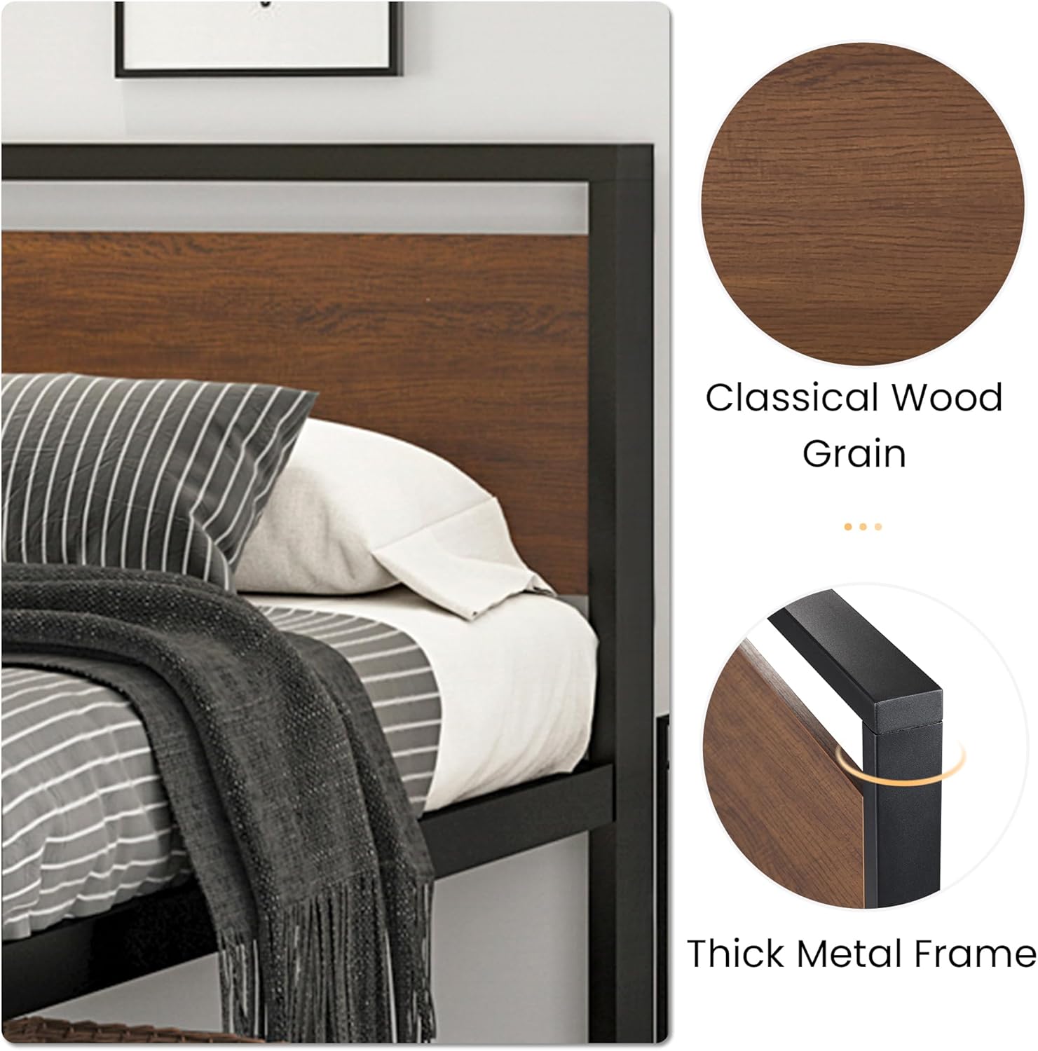 SHA CERLIN 14 Inch Full Size Metal Platform Bed Frame with Wooden Headboard and Footboard wourant
