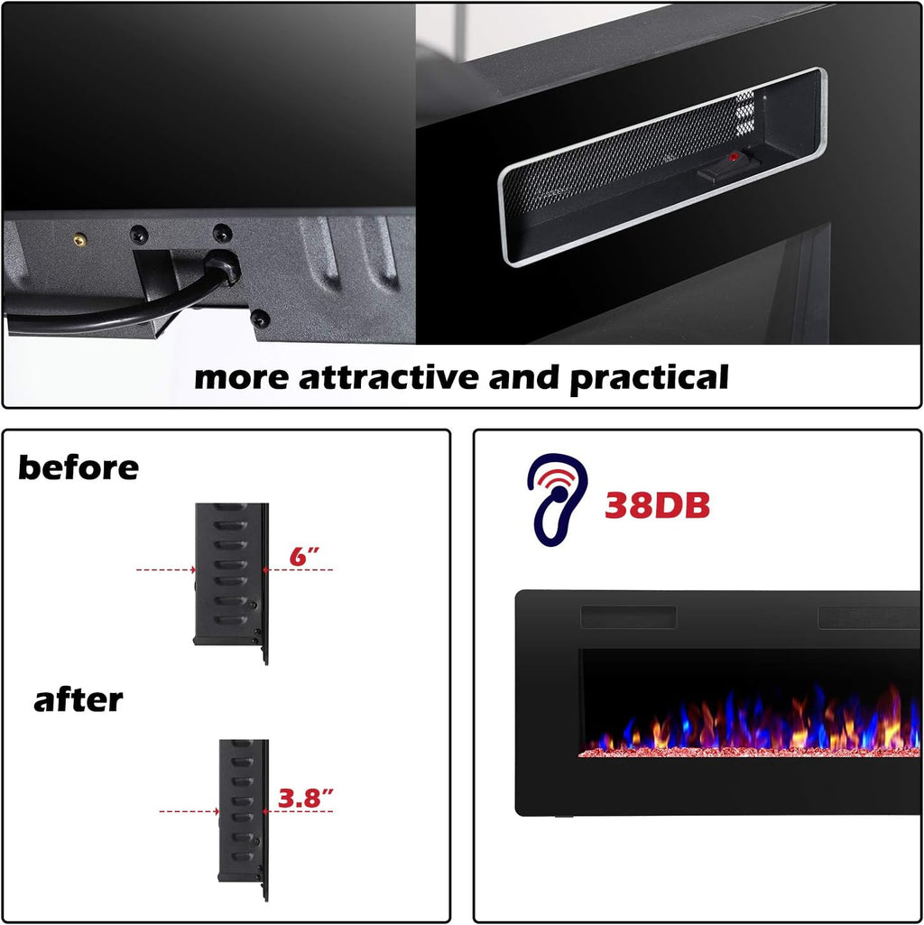 R.W.FLAME 60" Recessed and Wall Mounted Electric Fireplace, Low Noise, Fit for 2 x 6 Stud, Remote Control with Timer, Touch Screen, Adjustable Flame Color and Speed, 750-1500W wourant