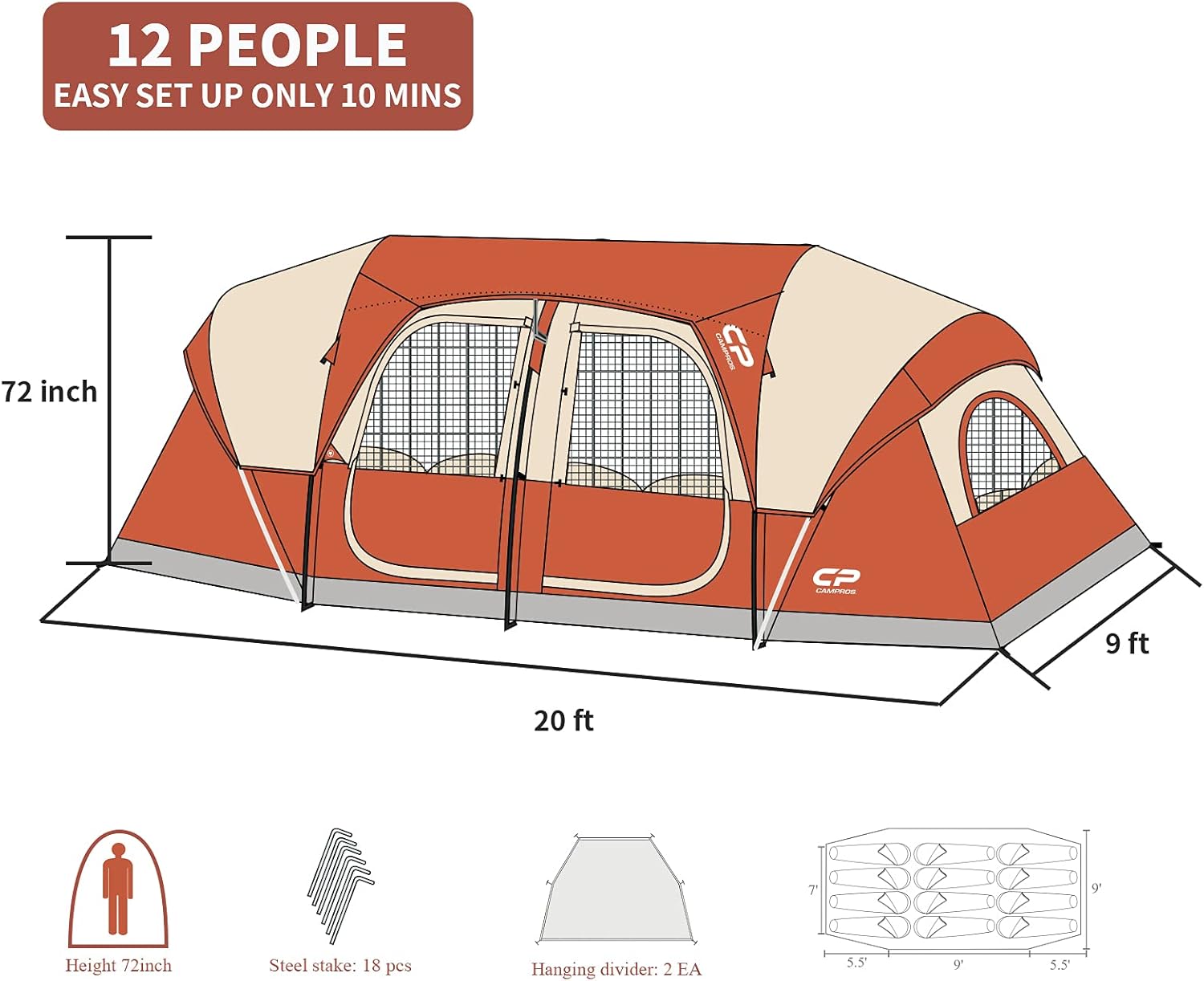CAMPROS CP Tent 12-Person-Camping-Tents,3 Room Family Tents,Waterproof Windproof Family Tent with Top Rainfly,6 Large Mesh Windows,Double Layer,Easy Set Up, Portable with Carry Bag-20' x 9' x 72"(H) wourant
