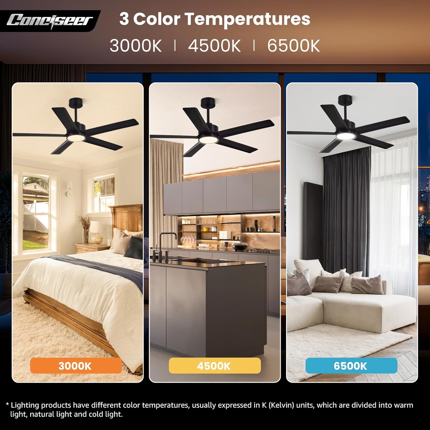 Modern Ceiling Fans with Lights, 72 Inch Ceiling Fan with Light and Remote, Bedroom Living Room Library Cafe Outdoor/Industrial,24W 3CCT Dimmable, 8 Blades 6 Speed Reversible Quiet DC Motor, Black wourant
