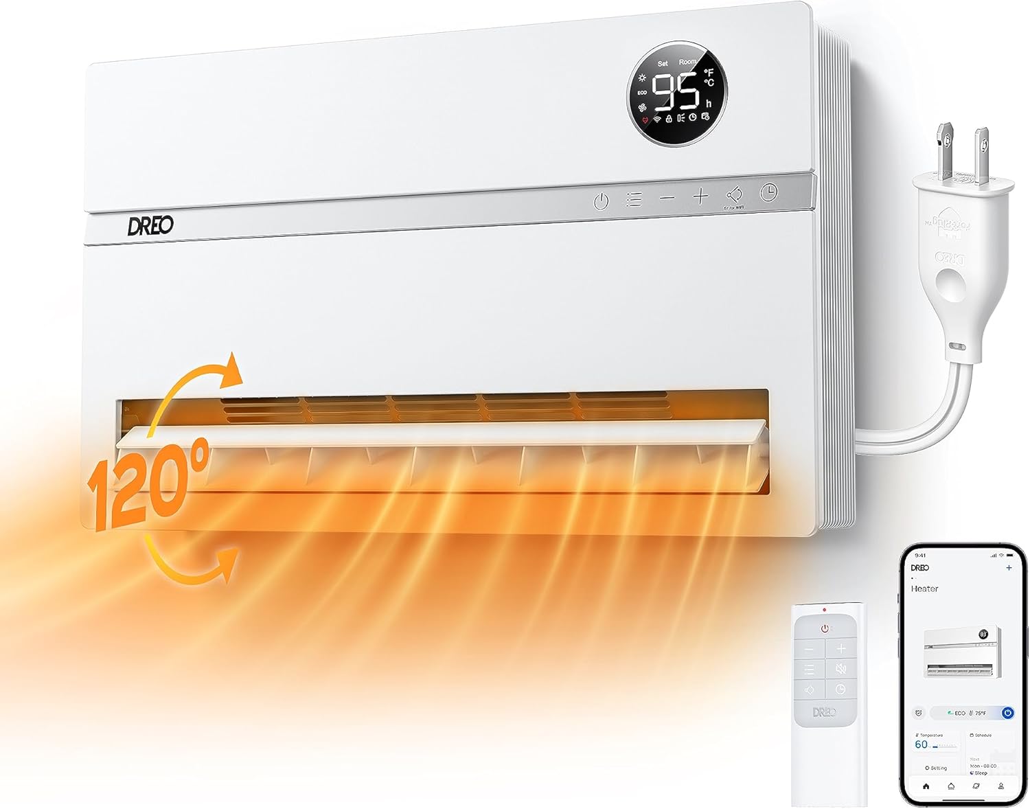 Smart wall mounted heater, bedroom electric heater, 1500W adjustable thermostat 24-hour timer easy to install indoor heater wourant
