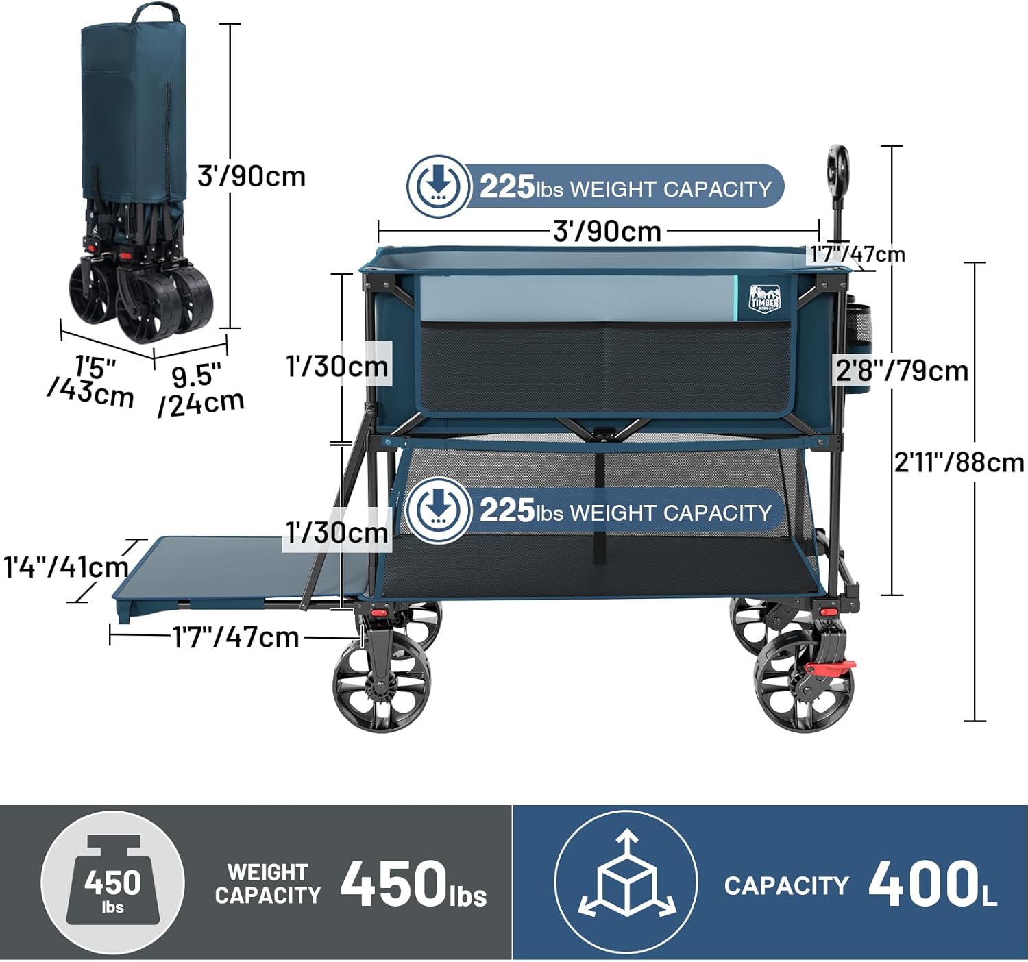 400L Large Capacity Folding Double Decker Cart with Brakes, 54 Inch Extra Long Extended Cart, 450 Pounds Heavy Duty Folding Cart wourant