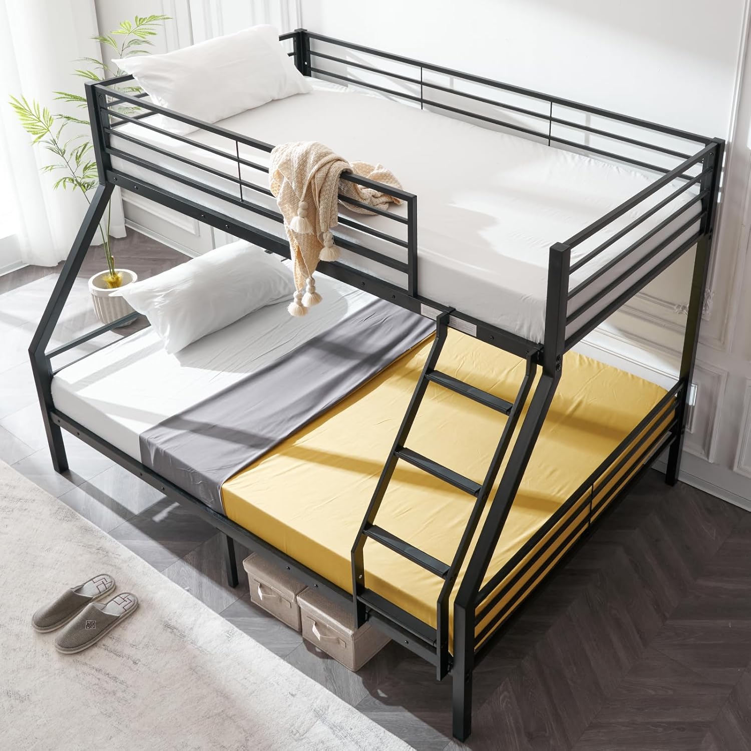 VINGLI Metal Bunk Bed Frame Twin Over Twin with LED Lights Non-Slip Ladder Full Length Guardrail wourant