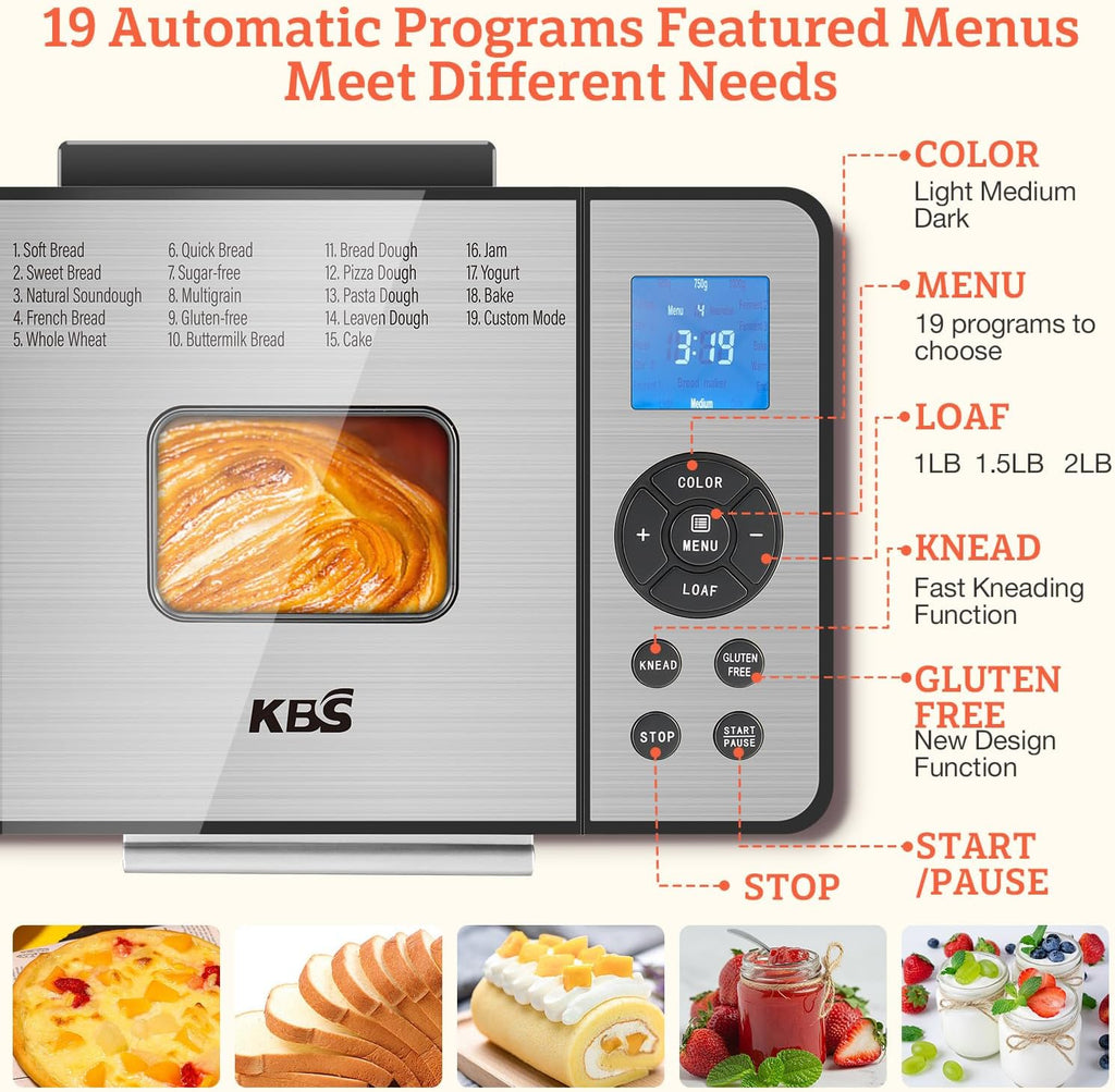 KBS 2LB Bread Maker, 19-in-1 Automatic Stainless Steel Bread Maker with Ceramic Pot, 650W Bread Maker, 3 Loaf Sizes wourant