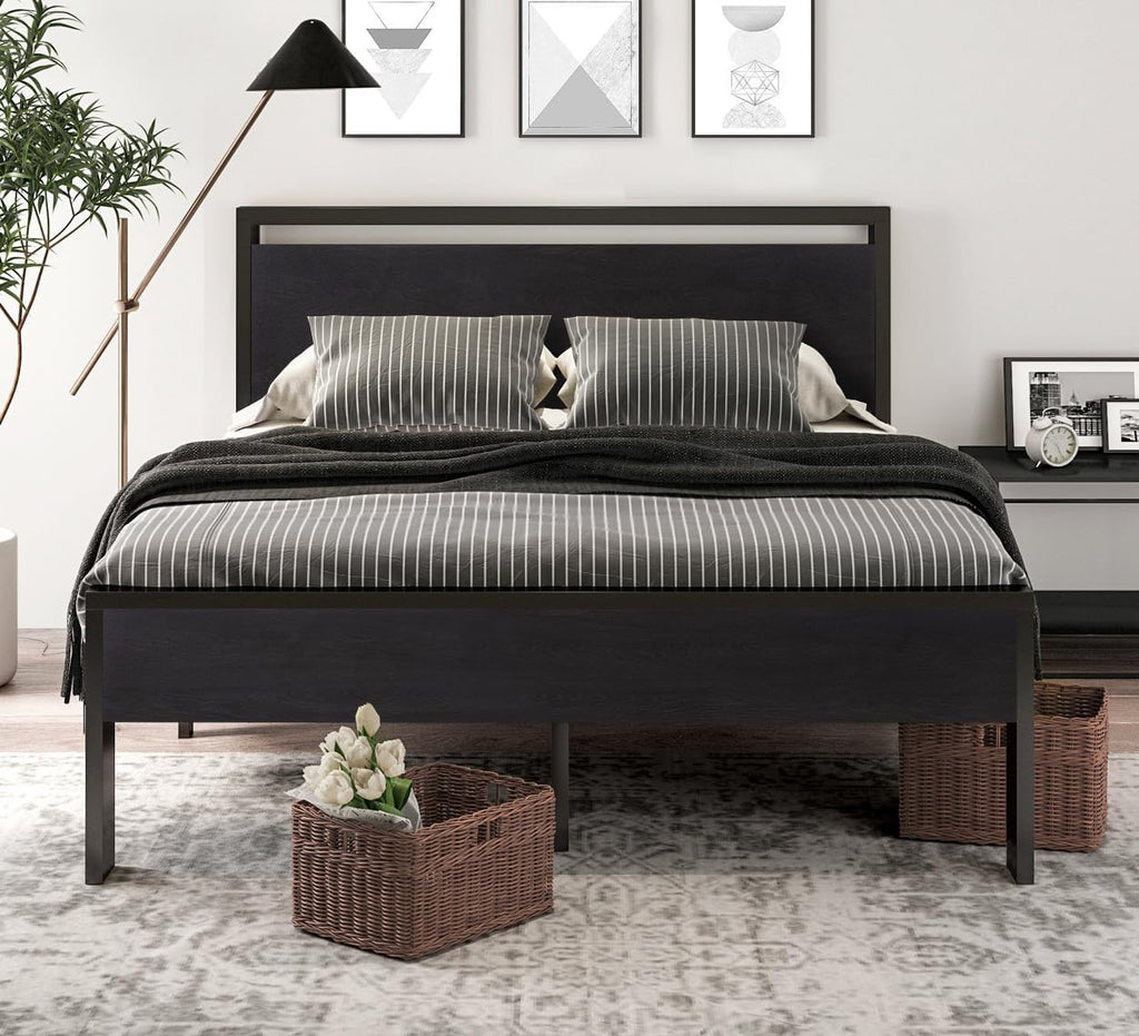SHA CERLIN 14 Inch Full Size Metal Platform Bed Frame with Wooden Headboard and Footboard wourant