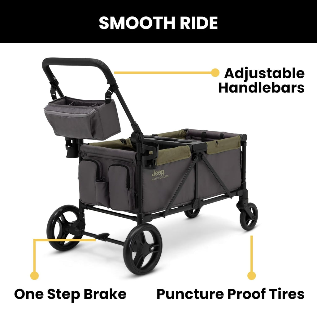 Jeep Sport All-Terrain Stroller Wagon by Delta Children - Includes Canopy, Parent Organizer, Adjustable Handlebar, Snack Tray & Cup Holders, Grey/Olive Green wourant