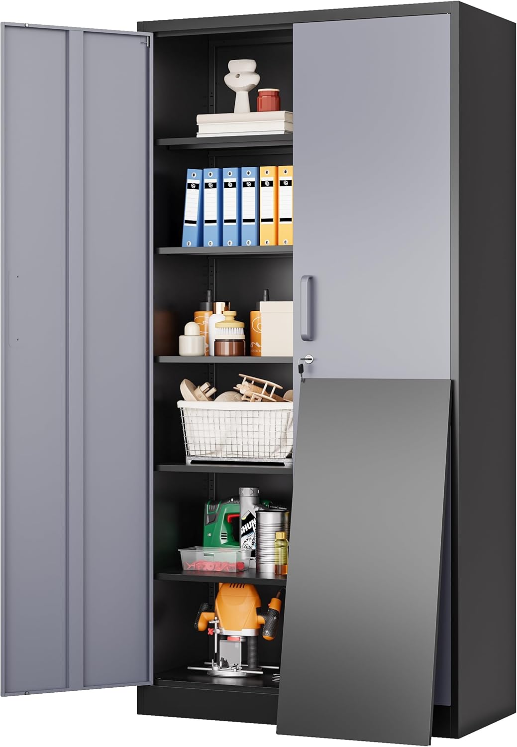Metal Storage Cabinet with 2 Doors and 6 Shelves, Black Metal Cabinet with Lock, 71 Inch Lockable Garage Storage Cabinet wourant