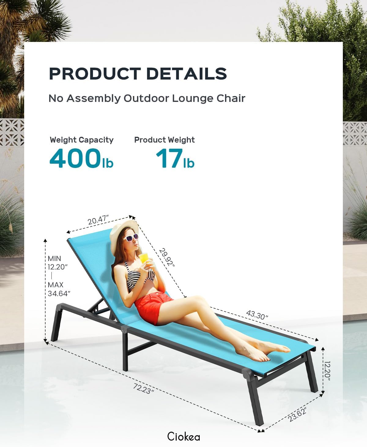 Aluminum Chaise Lounge Ourdoor - Foldable & Assemble Free Outdoor Lounge Chair with 5 Adjustable Backrest, Patio Lounge Chair for Outside Poolside Beach Pool, Black wourant