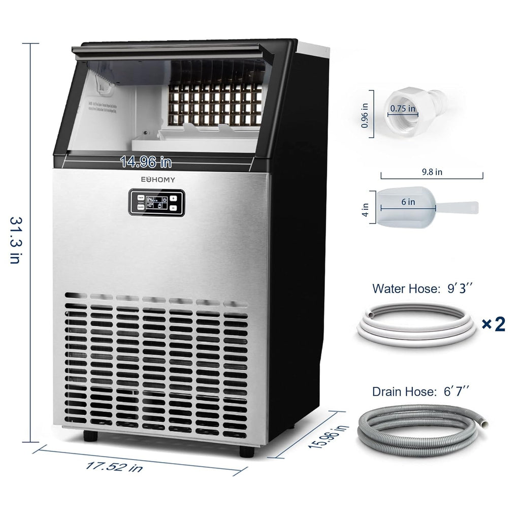 EUHOMY Commercial Ice Maker Machine, 100lbs/24H Stainless Steel Under Counter ice Machine with 33lbs Ice Storage Capacity, Freestanding Ice Maker. wourant