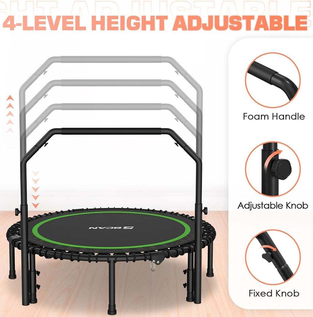 BCAN 450/550 LBS Foldable Mini Trampoline, 40"/48" Fitness Trampoline with Bungees, U Shape Adjustable Foam Handle, Stable & Quiet Exercise Rebounder for Adults Indoor/Outdoor Workout wourant