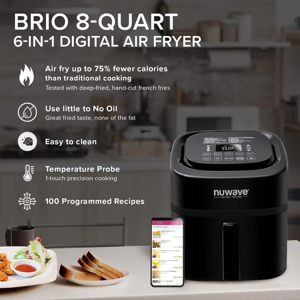 Nuwave Brio 15.5Qt Air Fryer/Oven quickly reheats, bakes, and dehydrates food with a temperature control range of 50°-425°F 1800W. wourant