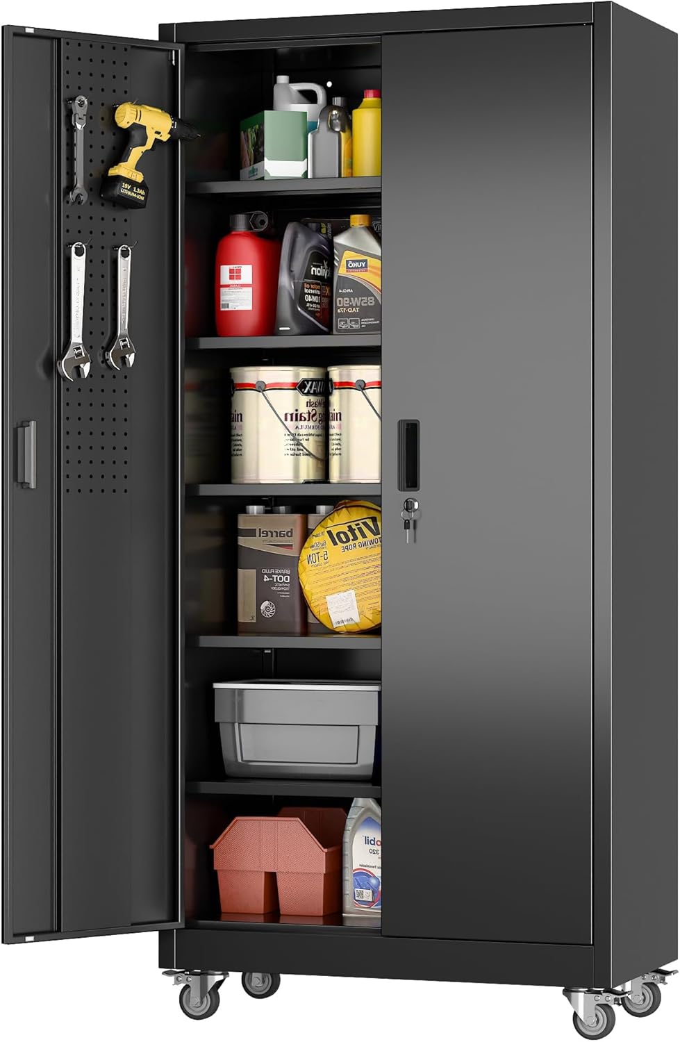 Aobabo 73''H Metal Garage Storage Cabinet with Wheels,Steel Cabinets with 2 Doors and 4 Adjustable Shelves for Home Office,Required Assembly,Black wourant