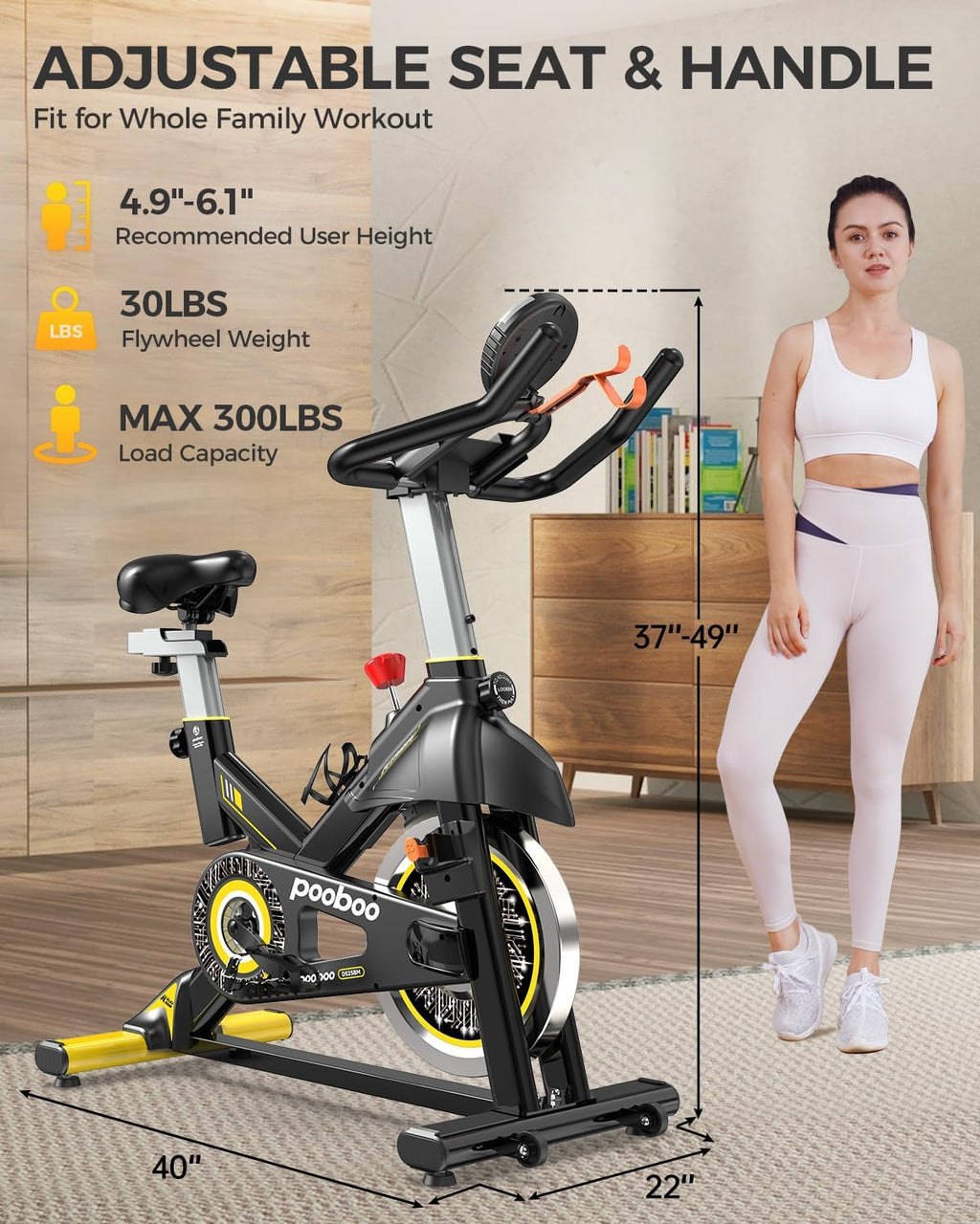 pooboo Exercise Bike, Adjustable Magnetic/Brake Pad Resistance Silent Belt Drive, Indoor Cycling Bike for Home Cardio, Fitness Stationary Bike with 350lbs/300lbs Weight Capacity &Upgraded Version Seat wourant