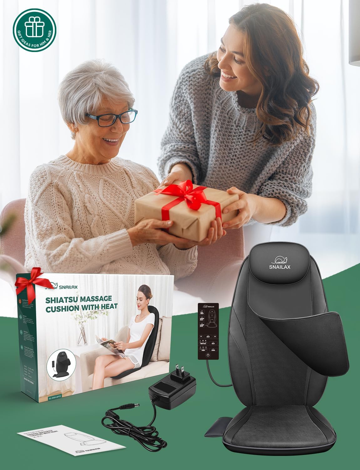 Snailax Shiatsu Massage Cushion with Heat Massage Chair Pad Kneading Back Massager for Home wourant