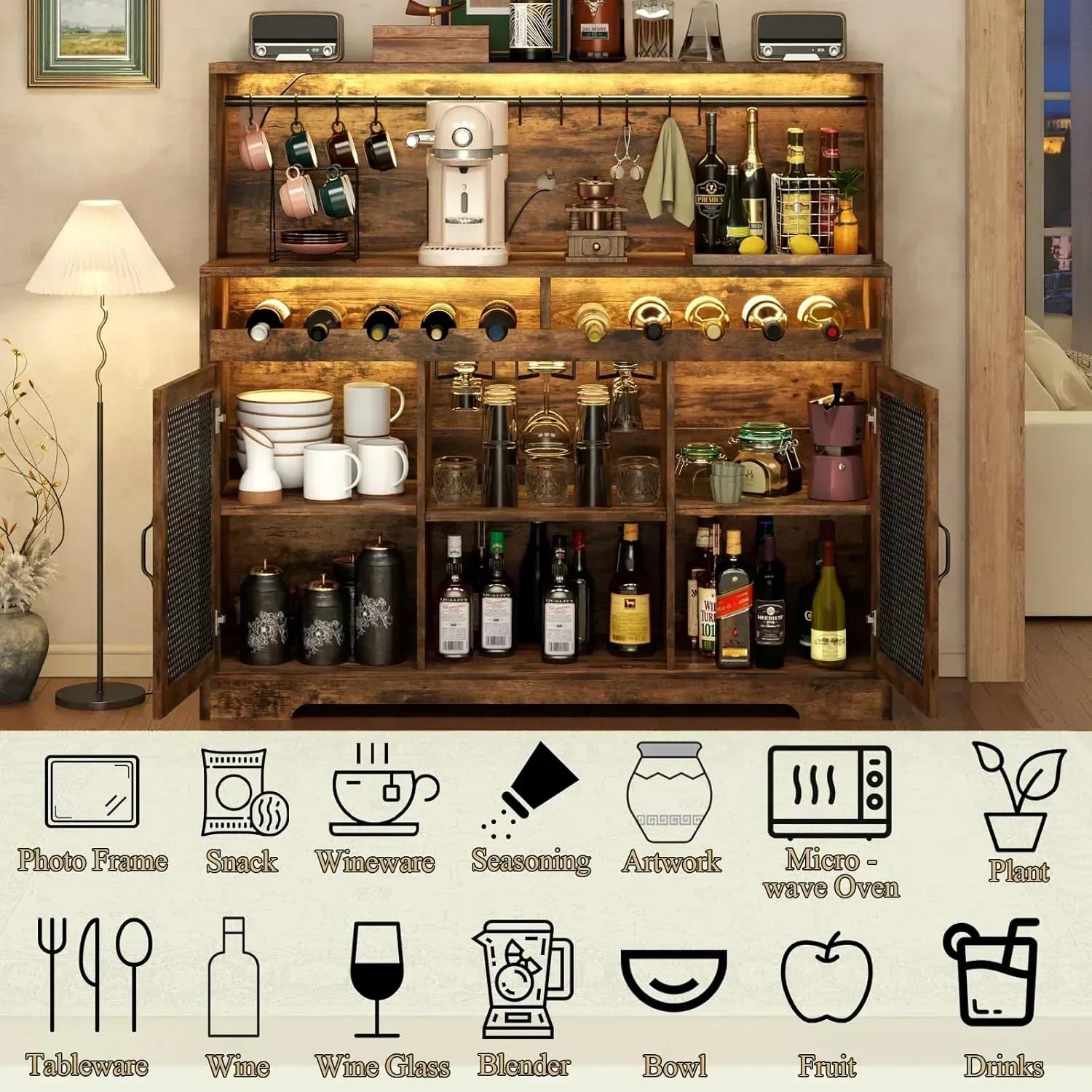 Wine Bar Cabinet with LED Light Liquor Cabinet with Glass Holder Coffee Bar for Liquor wourant